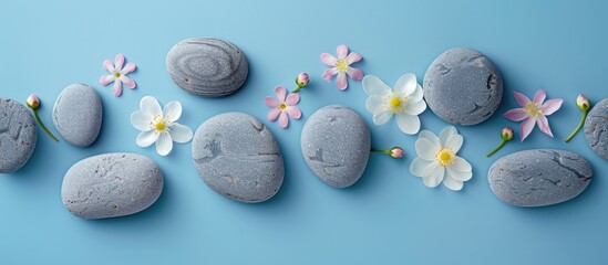 Aufkleber - Spa stones with flowers arranged on blue background providing copy space image.