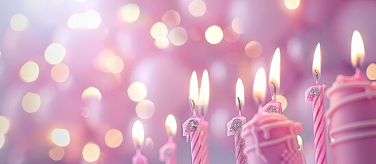 Wall Mural - Pink-themed birthday card with candle numbers, garlands, and a happy birthday message for a girl, with copy space image.