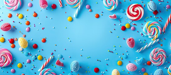 Aufkleber - Vibrant holiday backdrop with blue background featuring candy. Ideal for adding text. Suitable for Easter or birthday cards. Flat lay composition with a top-down perspective and room for text in the
