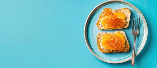 Poster - Top view copy space image of a sweet breakfast featuring toast with peach jam on a blue background, creating a delightful and appetizing visual composition.