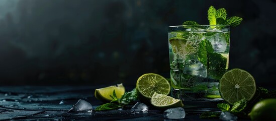 Aufkleber - Large image featuring a glass with a mojito cocktail containing lime, mint, and ice, adorned with herbs on a dark backdrop. Includes copy space.