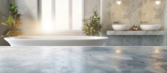 Aufkleber - Blurry bathroom background with a table-top, ideal as a copy space image.