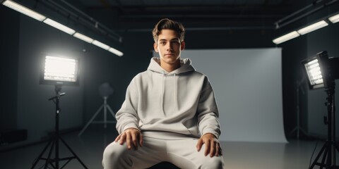 Wall Mural - A man is sitting in front of a white background with a camera in front of him. The lighting is bright and the man is wearing a white hoodie. Scene is casual and relaxed
