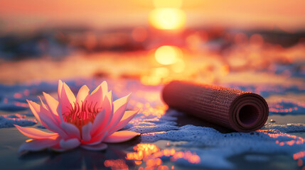 Wall Mural - A lotus flower lies on the beach at sunset, 