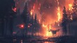 © Phanuwhat - Futuristic animals with bioluminescent features fleeing a raging wildfire in a neon-lit forest, with advanced drones attempting to extinguish the flames