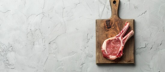 Wall Mural - Top view of a butchered lamb chop steak on a cutting board against a gray background with an area for text or image insertion. Copy space image. Place for adding text and design