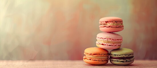 Poster - Colorful macarons displayed on a retro background with copy space image. A vintage filter enhances the scene.