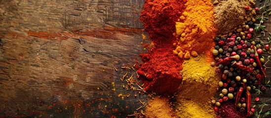 Poster - Colorful spices arranged on a wooden surface with space for text, seen from above in a copy space image.