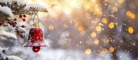 Poster - A red Christmas bell is dangling from a snowy tree branch amidst a festive backdrop of white snow, golden bokeh lights, and ample copy space for a New Year greeting or holiday card.
