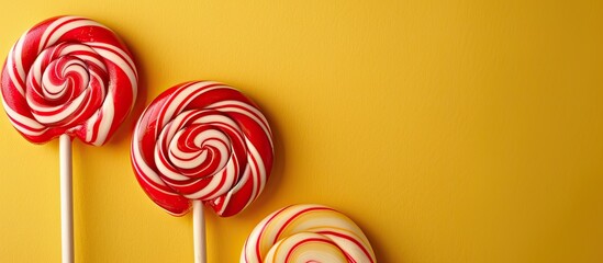 Poster - Vibrant swirl lollipops on yellow backdrop with copy space image.