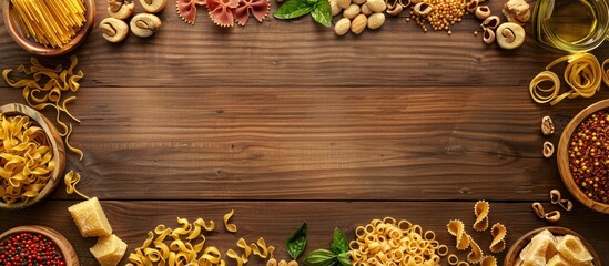 Aufkleber - Wooden background with various pasta ingredients arranged around a copy space image in a top-down view for a food-themed frame.