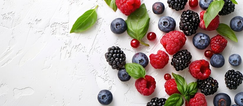 Various berries like blackberries, blueberries, and raspberries with basil leaves placed on a white background bordering the image, providing copy space for text.
