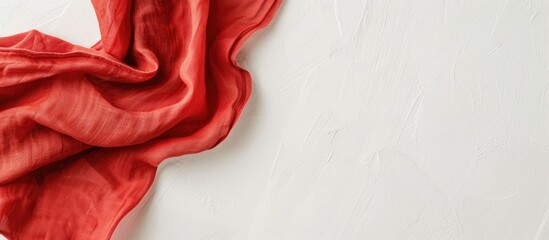 Poster - Top-down view of a red kitchen napkin on a table. The cloth is folded for a mockup with a white area for text or an image, in a minimalist flat lay style. Copy space image