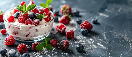 Canvas Print - Summer dessert featuring fresh fruits and berries served alongside homemade yogurt or a milkshake, offering a healthy option, and complemented by a delightful copy space image.