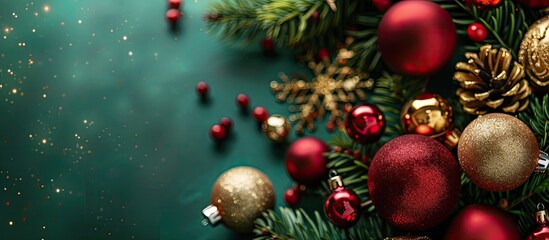 Canvas Print - An elegant Christmas and New Year theme showcasing red and golden baubles on a festive green backdrop, illustrating a creative decoration concept with a visually appealing copy space image.