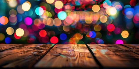 Wall Mural - Wooden Tabletop Against a Festive Lights Background