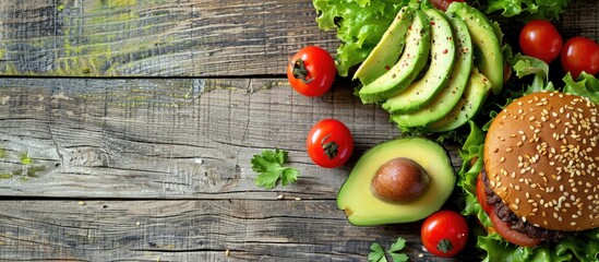 Wall Mural - Top view of a burger with avocado, lettuce, and cherry tomatoes on a wooden surface, offering copy space in the image.