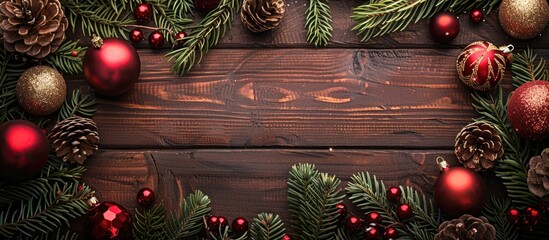 Poster - Festive Christmas decorations and spruce branches beautifully arranged on a wooden table, creating a charming holiday-themed copy space image.