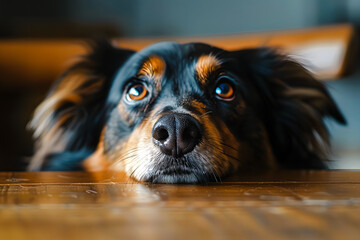 Chien posant sa tête sur une table et regardant vers le haut