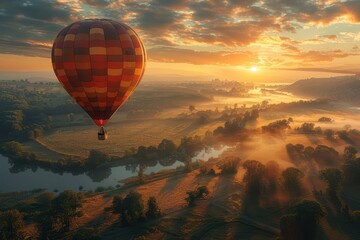 A majestic hot air balloon floating over a picturesque landscape of rolling hills and fields at dawn. 