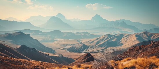 Canvas Print - Orange desert mountains stand tall with a stunning view, creating a picturesque scenery with a copy space image below.