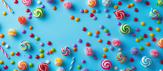 Aufkleber - Vibrant holiday backdrop with blue background featuring candy. Ideal for adding text. Suitable for Easter or birthday cards. Flat lay composition with a top-down perspective and room for text in the