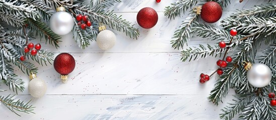 Poster - Festive Christmas setting with decorated tree branch and ornaments on a white wooden backdrop. Ideal for your copy space image.