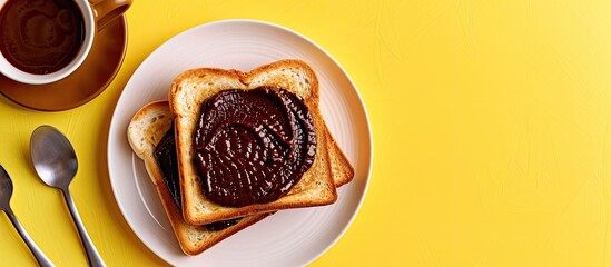 Poster - White toast with chocolate hazelnut spread on a yellow background, a breakfast idea with a mockup for text, ideal for a flat lay photo with copy space image.