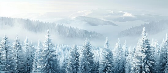 Poster - Snowy mountains in winter offer a peaceful retreat with deep, snow-covered forests and white tree tops against a serene backdrop with a copy space image.