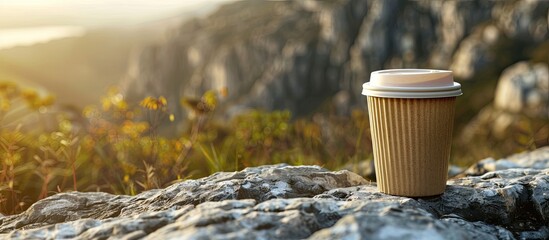Poster - Cardboard coffee cup with lid outdoors on stone surface, with copy space image available.