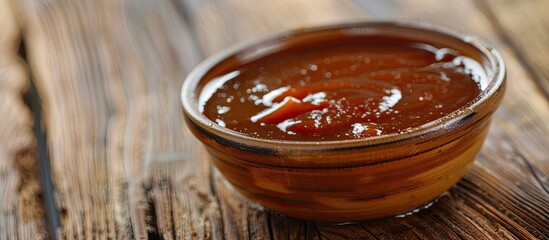Poster - Sauce closeup displayed on a wooden table with ample copy space image.