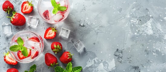 Poster - Top-down view of a refreshing summer drink featuring strawberries, ice, and mint, along with a vacant area for adding text, known as copy space image.