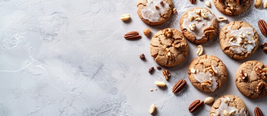 Fototapete - Cookies with nuts and white icing on a concrete background, with space for text or graphics. Copy space image. Place for adding text and design