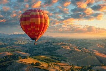 Wall Mural - A majestic hot air balloon floating over a picturesque landscape of rolling hills and fields at dawn. 