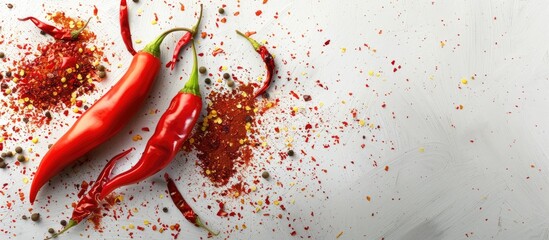 Aufkleber - Red chili peppers cut in half with ground chili peppers on a white background, ideal for copy space image.