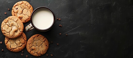 Fototapete - Traditional children's evening dessert: milk and homemade cookies on a black background seen from above with copy space image.