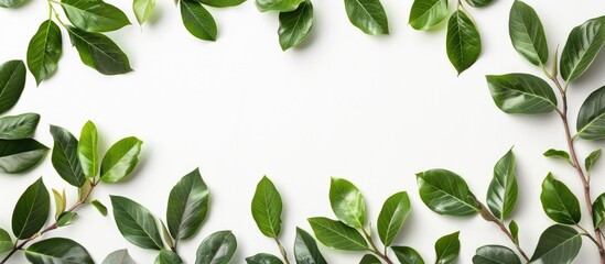 Canvas Print - Top view of green magnolia leaves, twigs, and plants against a white backdrop, with copy space image for a flat lay composition.