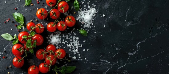 Poster - Cooking ingredients like cherry tomatoes, salt, spices, and herbs on a black background with a copy space image.