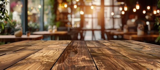 Poster - Brown wooden table with empty space and blurry coffee shop background, ideal for product displays or photomontages including copy space image.