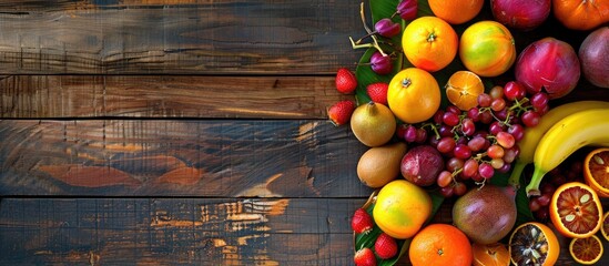 Sticker - Top view of various Asian summer fruits like mangosteen, banana, and orange displayed on a wooden background with copy space image.