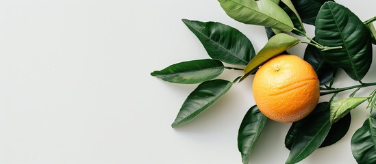 Poster - A picture of an orange with leaves against a white backdrop featuring ample copy space image.