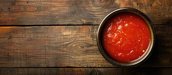 Canvas Print - Sauce closeup displayed on a wooden table with ample copy space image.