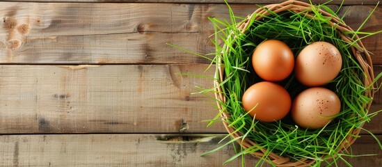 Fototapete - Eggs in the basket with green grass on a wooden table creating a rustic composition with copy space image.