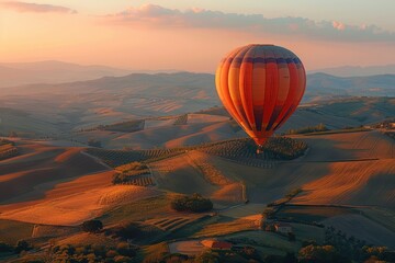 Wall Mural - A majestic hot air balloon floating over a picturesque landscape of rolling hills and fields at dawn. 