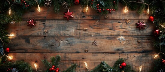 Aufkleber - Festive Christmas setting with fir garland, lights, and decorations on rustic wooden background, featuring ample copy space image.