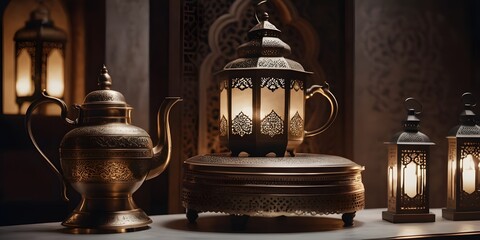 Intricate Arabic artifacts displayed on a white platform, featuring ornate lanterns, teapots, and calligraphy, with a smoky ambiance.