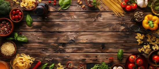 Aufkleber - Wooden background with various pasta ingredients arranged around a copy space image in a top-down view for a food-themed frame.