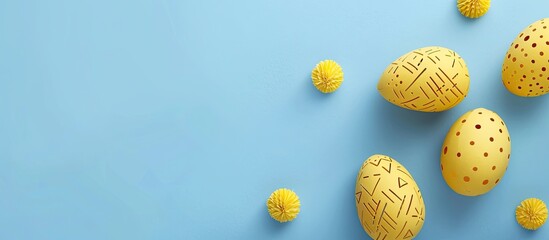 Sticker - Top view of yellow paper-crafted eggs on a blue backdrop, portraying an Easter and spring theme, with ample copy space in the image.