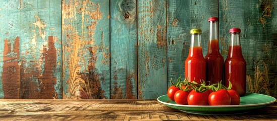 Wall Mural - Green wooden table with plates, bottles of ketchup, and tomatoes creating a scenic copy space image.
