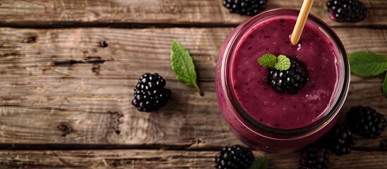 Sticker - A fresh blackberry smoothie in a glass jar with a bamboo straw on a wooden background, viewed from the top with close-up details, providing copy space for an image, exemplifying a healthy food